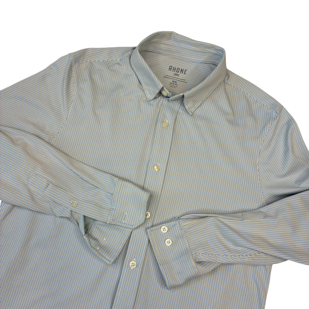 Rhone Commuter Shirt Mens Medium Blue Tan Stripe Slim Fit Italian Fabric 101380